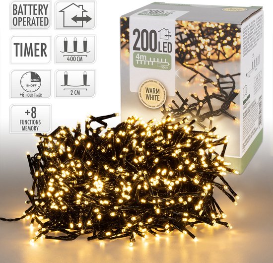 Micro Cluster 200 led - 4m - warmweiß - Batteriebetrieben - 8 Lichtfunktionen - Memory - Timer