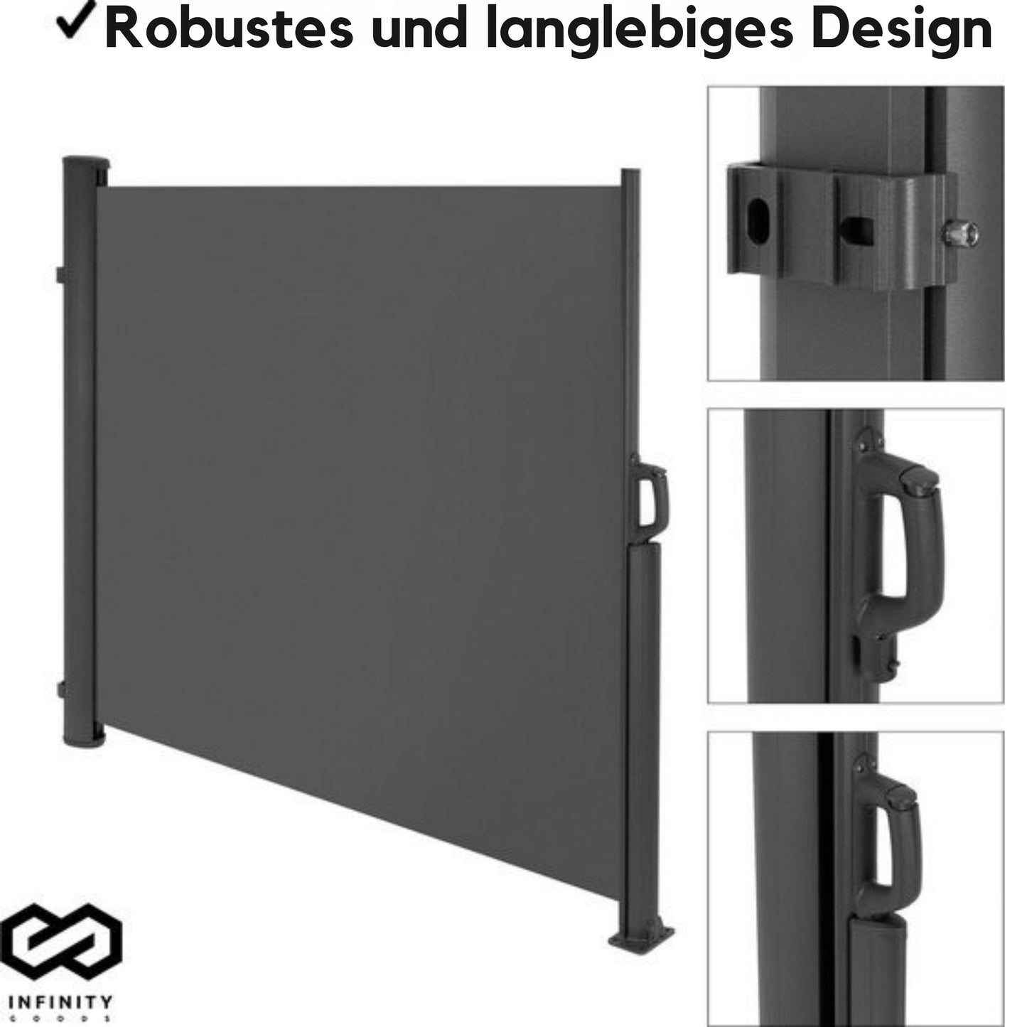 Infinity Goods Ausziehbarer Windschutz - 300 x 140 cm - Sonnenschutz - Garten, Strand, Terrasse, Balkon, Camping - Wetterfest - Anthrazit