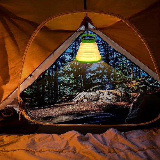 Tech Essentials Solar LED Laterne - faltbar - grün - Zeltlampe - Led Lampe wiederaufladbar - Camping - Notfall - Sturm - Hängelampe - Solarenergie