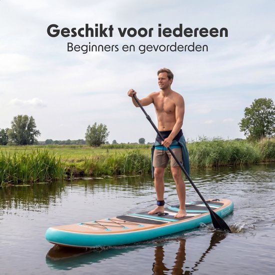 LifeGoods PaddlePro SUP Board - mit Sitz - Aufblasbares Paddle Board - Komplettset - Max. 150KG - 320x81cm - Holz/Mintgrün