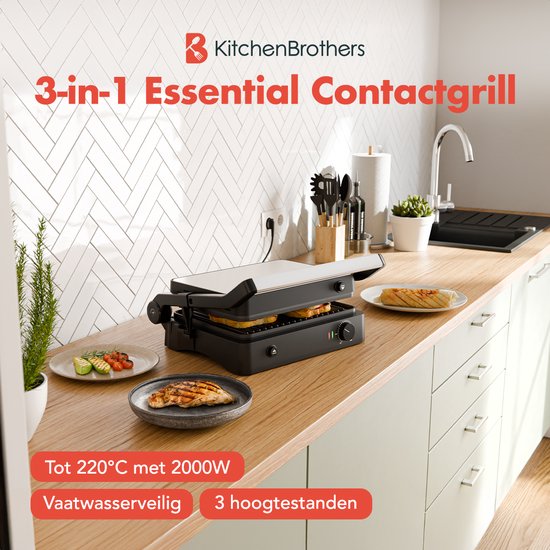 KitchenBrothers Kontaktgrill - Grillgerät - Abnehmbare Grillplatten - Panini Grill - 3 Höheneinstellungen - Toasti Eisen - 2000W - Edelstahl