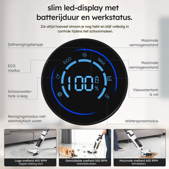 Saaf Floor Cleaner M200 - 45 min Batterie - Elektro-Mop - Stielstaubsauger mit Wischfunktion - Display & Reinigungsstation - Wassersterilisation - Weiß