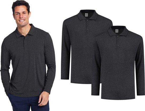 Pierre Calvini - Polo Shirt Herren - Polo Shirts Herren Langarm - Longsleeve Herren - 2er Pack - Anthrazit - XXL - Polo Herren - T Shirt Langarm Herren