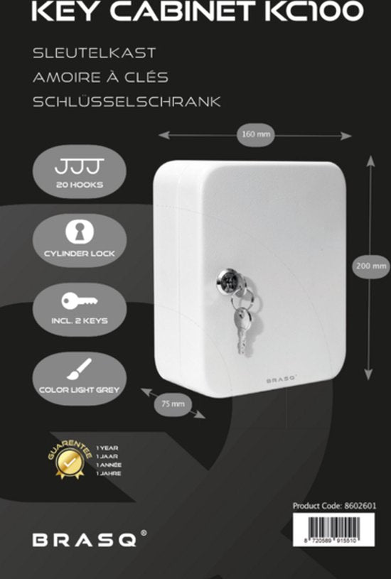 BRASQ Schlüsselschrank - 16x20x7,5 cm - Schlüsselsafe - Schlüsselkasten - Mit Zylinderschloss - 20 Haken für Schlüssel - KC100 - Grau