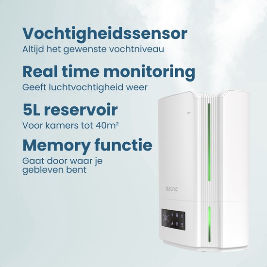 Auronic Luftbefeuchter - 5 Liter - Geeignet für Wohnzimmer, Büro, Schlafzimmer, Babyzimmer und mehr - BPA-frei - Weiß