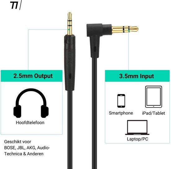 TIKKENS® Audiokabel - 2,5 mm Klinke auf 3,5 mm Klinke - Schwarz - 1,35 m - Aux - Mikrofon - Geeignet für Bose Quietcomfort 25/35, Apple - On-Ear Kopfhörer - Verlängerungskabel