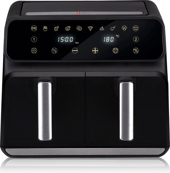 alpina Double Airfryer XL 8L - Heißluftfritteuse für 4 bis 8 Personen - Fassungsvermögen 2x4L - Digitalanzeige - Fritteuse 1700 W - Sync Finish Funktion - Schwarz