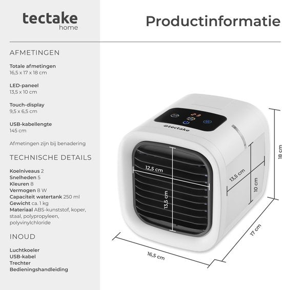 tectake® Air Cooler Frosty mit LED-Beleuchtung - 2 Kühlmodi - 8W - 3-in-1 Luftkühler mit Wasserreservoir - ohne Ablassschlauch - inklusive USB-Kabel und Trichter - Mini-Klimagerät - Weiß