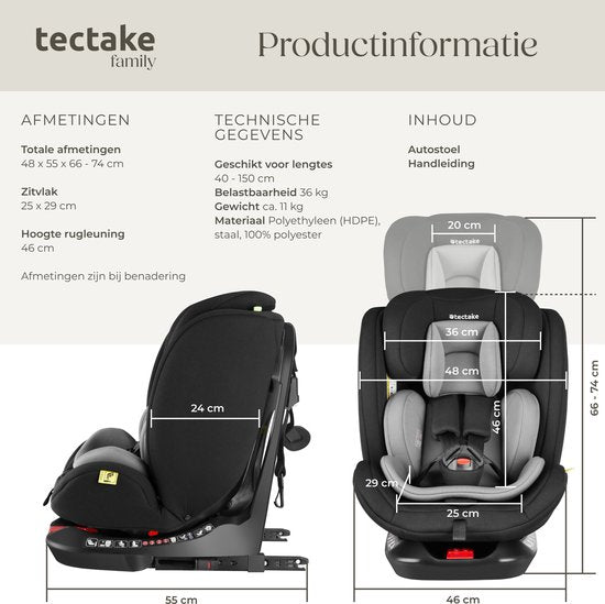 tectake Auto-Drehsitz - Babyschale - i-Size-Zulassung - Isofix-Autositz - Sitzerhöhung - Autokindersitz - 5-Punkt-Gurt - Von Geburt bis 150cm/36kg