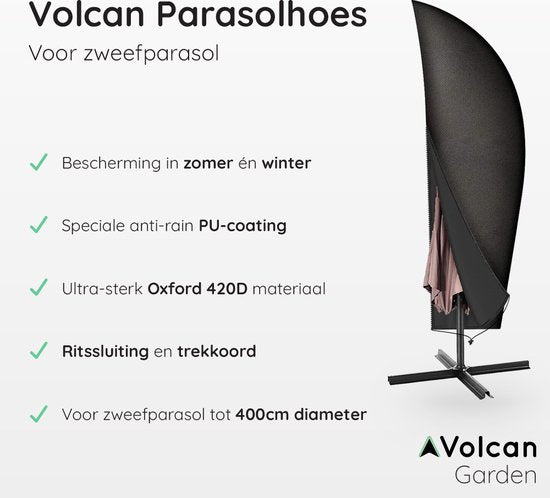 Volcan Sonnenschirmhülle für schwimmenden Sonnenschirm - Bis zu 400cm - Wasserdicht - Oxford 420D - Mit Reißverschluss, Kordelzug, Mast und Aufbewahrungshülle - Schwarz