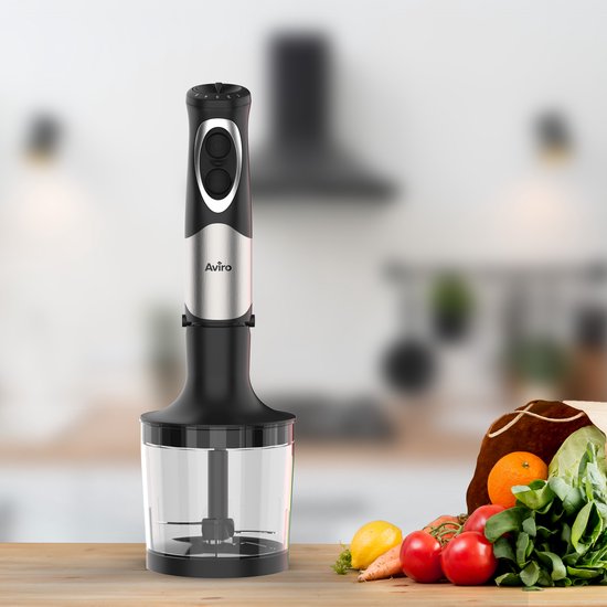 Aviro 6-in-1 Stabmixer-Set - 1000W - 20 Geschwindigkeiten - Zerkleinerer, Milchaufschäumer, Schneebesen & Messbecher - Edelstahl