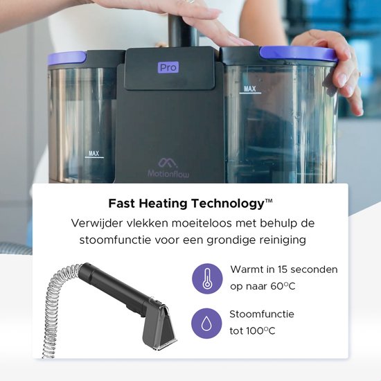 Motionflow Teppichreiniger PRO - Tiefenreinigung mit Dampffunktion bis 100°C - Kraftvoller 1700W Fleckenreiniger - Dampfreinigung für Boden, Sofa, Bad und Teppich - Dampfreiniger & Sitzreiniger - Inklusive Reinigungsmittel