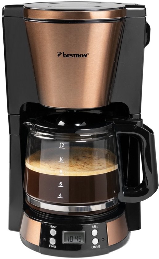 Bestron ACM800CO Kaffeemaschine - 1.5L - 12 Tassen - Programmierbare Zeitschaltuhr - Warmhalteplatte - Dauerfilter - 1000W - Kupfer