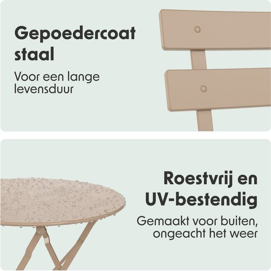 LifeGoods Bistro-Set - Stahl - 3-teilig - Gartenset - klappbar - Balkonset mit Tisch - wetterfest - Taupe