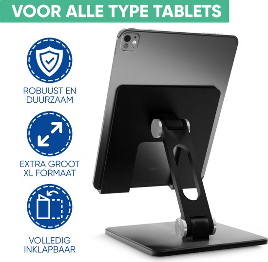 Serve Tablet-Halter XL faltbar - Extra stabil & standfest - Schwarzer klappbarer Ständer für Tisch oder Schreibtisch - Schwarz
