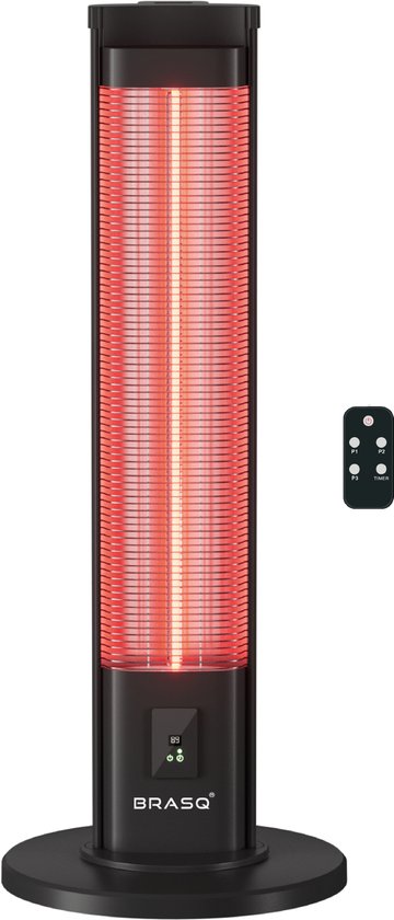 BRASQ Elektrischer Terrassenheizer stehend - 2000 Watt - 3 Heizstufen - Mit Fernbedienung und Timer - Infrarotheizung - Spritzwassergeschützt - Für innen und außen - Schwarz