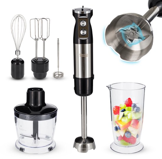 Goodforce 7-teiliges Stabmixer-Set - Inklusive Zerkleinerer, Schneebesen, Milchaufschäumer, Quirl & Messbecher - leistungsstark & spülmaschinenfest - 12 Geschwindigkeiten + Turbofunktion - 1000W - PFAS-frei
