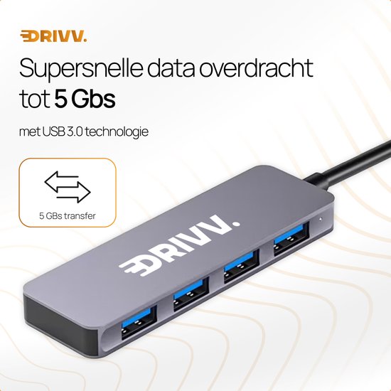 Drivv. USB-Splitter 4 Ports - USB 3.0A - USB-Hub 3.0 - Aluminiumgehäuse - Grau