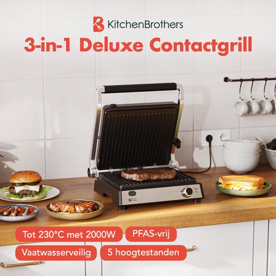 KitchenBrothers Contact Grill Deluxe - Grillgerät - Abnehmbare Grillplatten - Panini Grill - 5 Höheneinstellungen - 2000W - Edelstahl