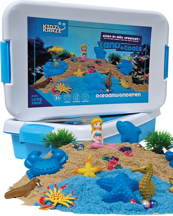 KidzKraze® Ocean Wonders Play Sand - 1,6 kg brauner und blauer klebriger Spielsand für drinnen - Inklusive Spiel- und Aufbewahrungskoffer - Sensorisches Spielzeug - Sandkasten-Starterset für Kinder - Das große Spielzeugbuch 2025