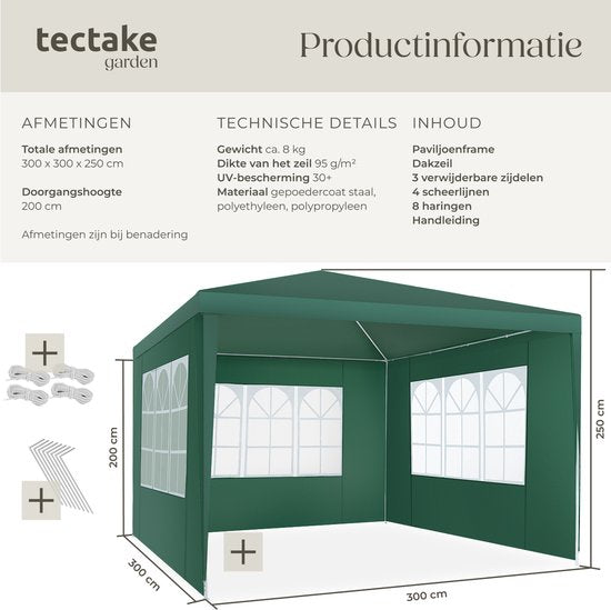 tectake® Pavillon - mit verstärktem Rahmen - Partyzelt 3x3 m - wasserdichte Plane - abnehmbare Seitenwände - wetterfester Gartenpavillon - inklusive Spannleinen und Heringe - grün - Pop-up-Faltzelt