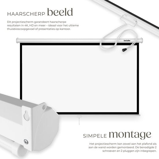 tectake® Beamer-Leinwand – 84 Zoll (214 cm) – 16:9-Projektionsleinwand – Wand- oder Deckenmontage – 4K HD – Aufrollbar – Ausziehbar – Projektionsleinwand – Präsentationsleinwand – Heimkino – Inklusive Befestigungsmaterial