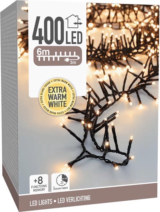 Maxi Cluster Weihnachtsbeleuchtung - 400 led - 6m - extra warmweiß - Timer - Lichtfunktionen - Memory - Außenbereich