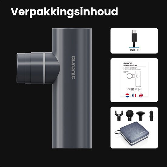 Auronic Massage Gun - Massagegerät - Professional - 4 Aufsätze und Koffer - Massage Gun - Ganzkörper - Grau