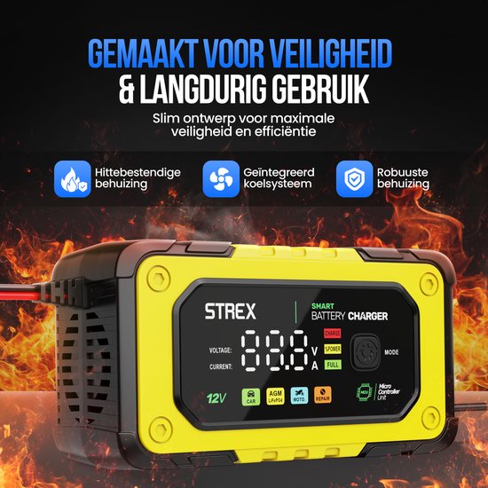 Strex 12V 7A Batterieladegerät - Tropf- und Schnellladegerät mit LCD-Anzeige - für Auto-, Motorrad-, Boots- und AGM/Blei-Batterien - Reparaturmodus