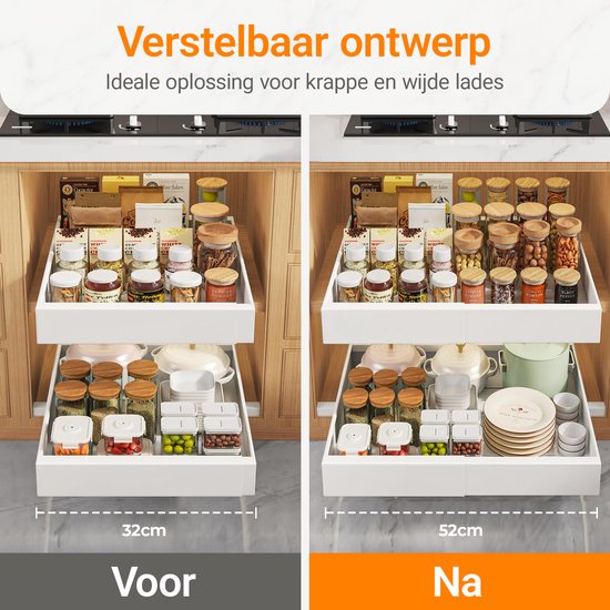 Posity Slide Drawer - Küchenschrank-Organizer - Spülenschrank/Schubladen-Organizer - Innenschublade Küche - Ausziehbar und verstellbar (32-52 cm) - Teleskopisch - Weiß