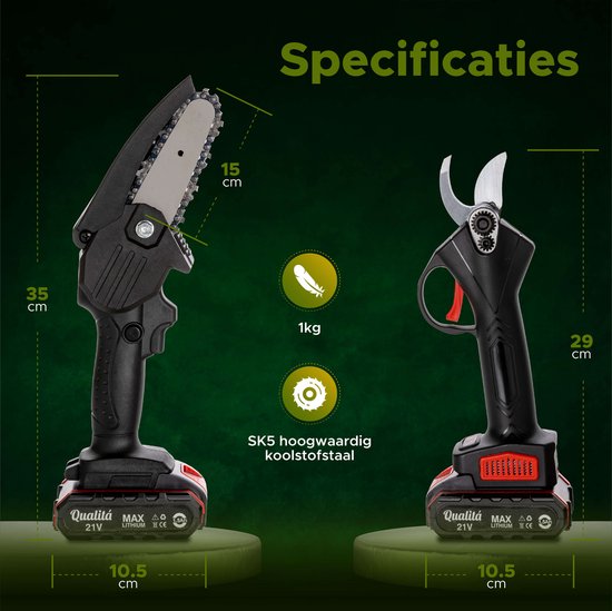 Qualitá® Elektrische Gartenschere - 2 in 1 Mini-Kettensäge - Blumenschere, Astschere, Heckenschere elektrisch - 2 Akkus mit Ladegerät - inkl. Aufbewahrungsbox Gartengeräte