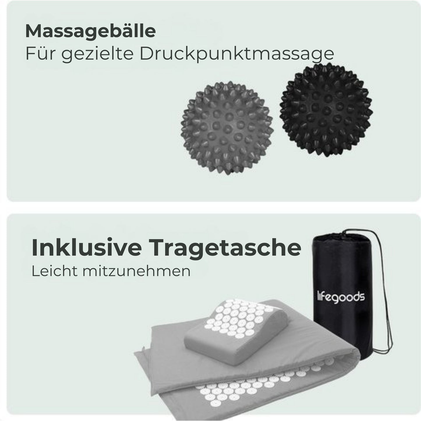 LifeGoods Akupressurmatte XL - Mit Kissen - Shakti-Matte - Nagelmatte inkl. 2x Triggerpunktball - 128x48x2cm - Grau/Weiß