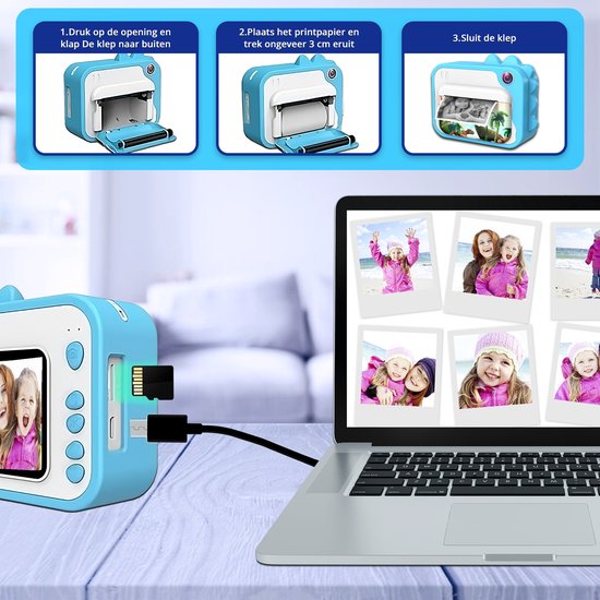 K&L® 3 IN 1 Digitale Kinderkamera + Sofortdruck + Spielkamera - 32GB micro sd Karte - Kamera Kinder - Vlog Kamera mit Spielen - Fotokamera für Kinder - Kleines Spielzeug - Mit Videofunktion - Blau