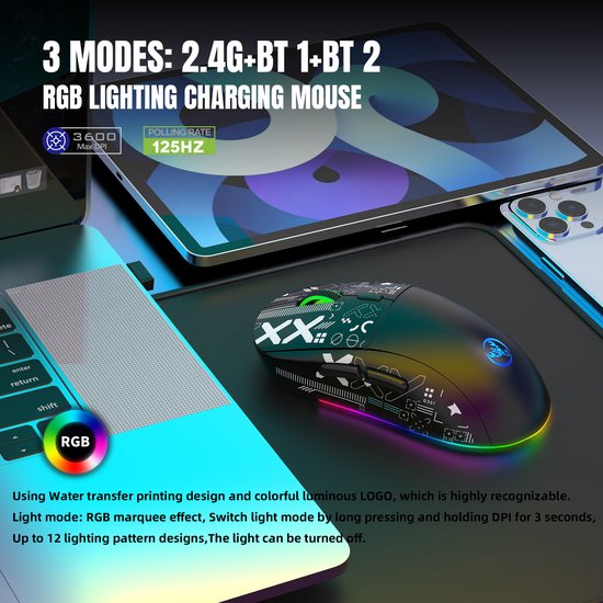 HXSJ T90 2.4G Silent Wireless Gaming Mouse - Bluetooth - Computermäuse - Ultraleicht - RGB-Beleuchtung - Schwarz