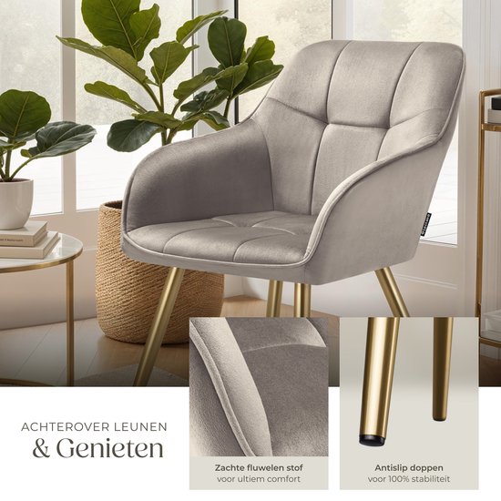 tectake Velvet Chair - Esszimmerstuhl mit gestepptem Samtstoff, moderne Küchenstühle, bequemer Sessel für Wohnzimmer, Esszimmer, Lounge - taupe / gold