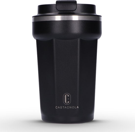 Castagnola Thermos Cup - Kaffeebecher To Go - Reisebecher für Kaffee und Tee - Teebecher - 380 ML - Edelstahl - Schwarz - Octagon