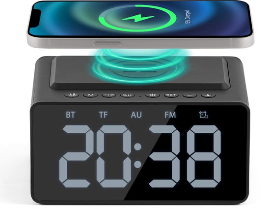 Digitaler Wecker - mit Radio, Bluetooth und kabellosem Ladegerät - Radiowecker - Snooze-Funktion - Schwarz - von Faas