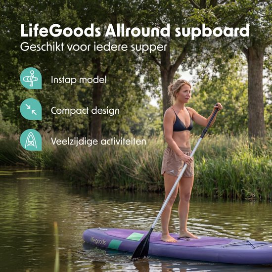 LifeGoods SUP Board All-round Compact - mit Sitz - 100 KG Tragfähigkeit - 300 x 76 cm - Aufblasbar - Komplettes SUP Paket - Lila