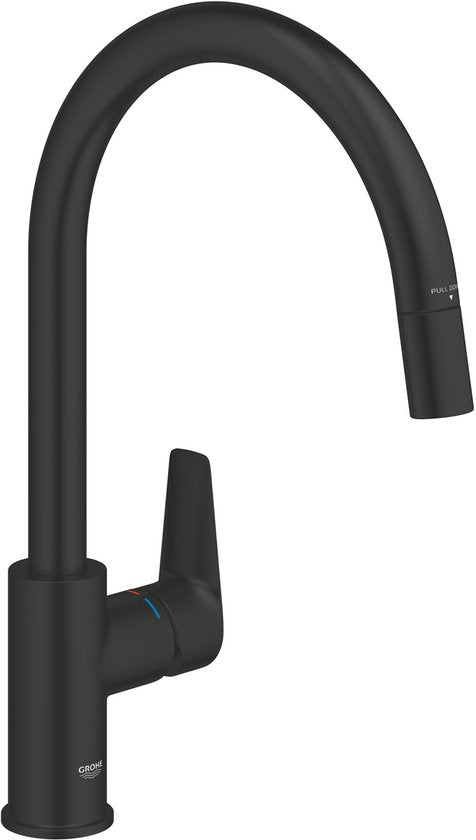 GROHE Start Edge Einhebel-Küchenarmatur mit ausziehbarem Auslauf – Hoher C-förmiger Auslauf – 360° Schwenkbereich – Mattschwarz – Einfache Montage mit QuickMount