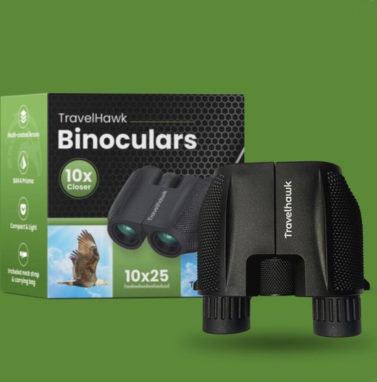 TravelHawk Fernglas - 10x25 - BAK4 - Voll multivergütet (FMC) - Kompaktes Fernglas - Wasserdicht - Mit Umhängekordel, Tragetasche - für Vogelbeobachtung, Jagd, Theater - Schwarz