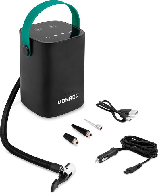 VONROC Kabelloser Mini-Kompressor 12V - Eingebauter 2.0Ah Akku - Digitales Display / Manometer