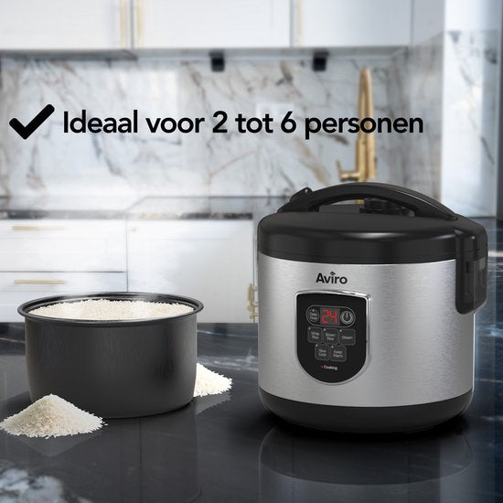 Aviro Reiskocher - Slowcooker - 1,2L - 7 Funktionen - Warmhaltefunktion - Reiskocher - Antihaftbeschichtung - Multicooker - 2-6 Personen - Edelstahl