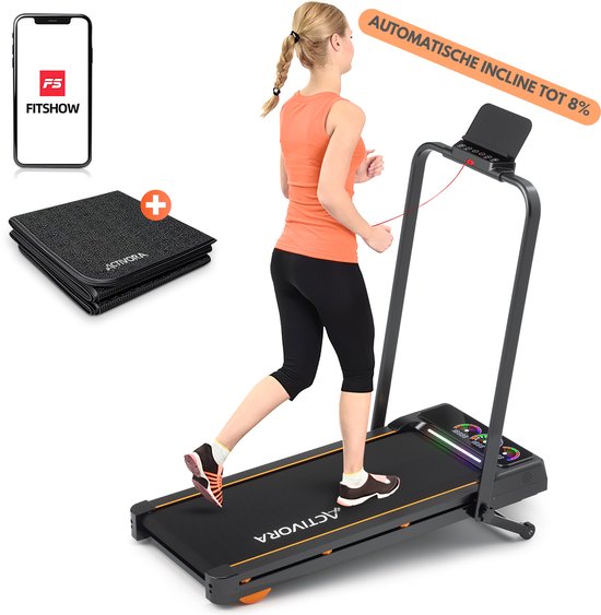 Laufband mit automatischer Steigung (8 %) – Automatische Steigung – Inklusive Anti-Rutsch-Matte und App – LED-Display – 1 bis 12 km/h – Zusammenklappbar – Walking-Pad – 8 % automatische Steigungsfunktion – Laufbänder für zu Hause – Walking-Band – Heimtrai