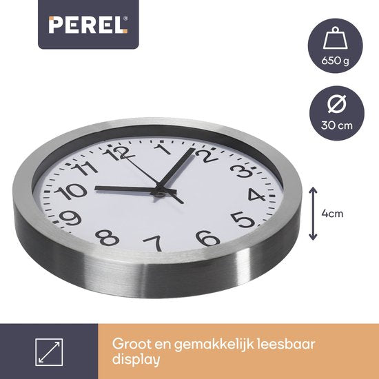 Perel Wanduhr 30 cm, analog, geräuschlos, mit automatischer DCF-Zeitsynchronisation, gut ablesbares Zifferblatt, silberfarbener Aluminiumrahmen, Uhr für Wohnzimmer, Küche, Büro oder Wartezimmer