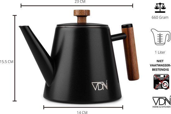 VDN Edelstahl Teekanne Doppelwandig mit Filter - Schwarz Teekanne 1 Liter - 904