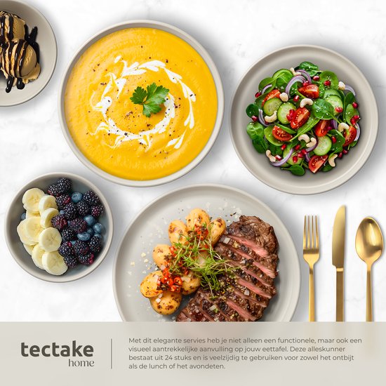 tectake® Geschirrset Una - 24-teilig - Steingut - 6 Personen - Stilvolles und langlebiges Geschirr - Tellerset mit großen und kleinen Tellern, Schalen, Schüsseln, Schälchen - Taupe