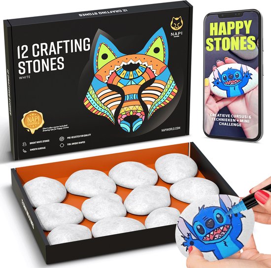 NAPI Happy Stones Steine - 12 weiße Kieselsteine - Inklusive Kurs: Malerei Steine - Glatte glatte Kieselsteine - Paket - Strand Kiesel - 4 bis 8cm - Weiß
