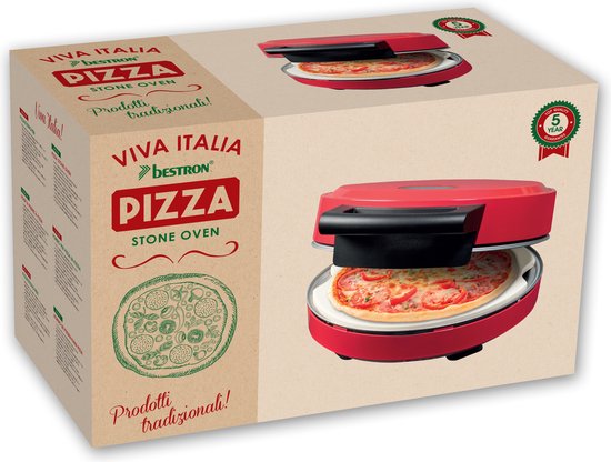 Bestron Turbo-Pizzaofen für Pizzen in 5–10 Minuten, elektrischer Pizzaofen mit einer tatsächlichen Höchsttemperatur von 320 °C, inklusive Pizzastein und 2 großen Holzspateln, Viva Italia, Farbe: Rot
