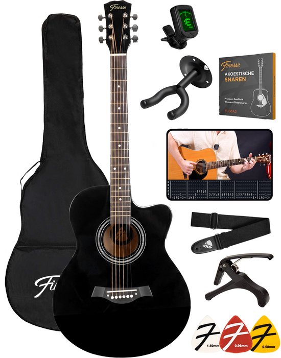 Finesse Akustikgitarre - mit Videokurs - 4/4 40" - Westerngitarre - Gitarre Kinder & Erwachsene - Schwarz