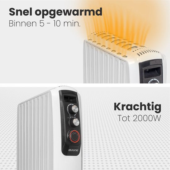 Auronic Ölradiator mit Thermostat - 2000W Heizleistung - Elektroheizung - Timer - 3 Stufen - Weiß